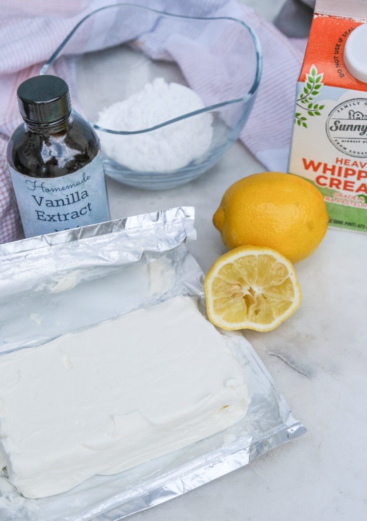 Ingredients to make a no bake cheesecake filling. 
