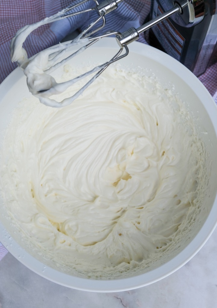 No bake cheesecake filling in a mixing bowl. 