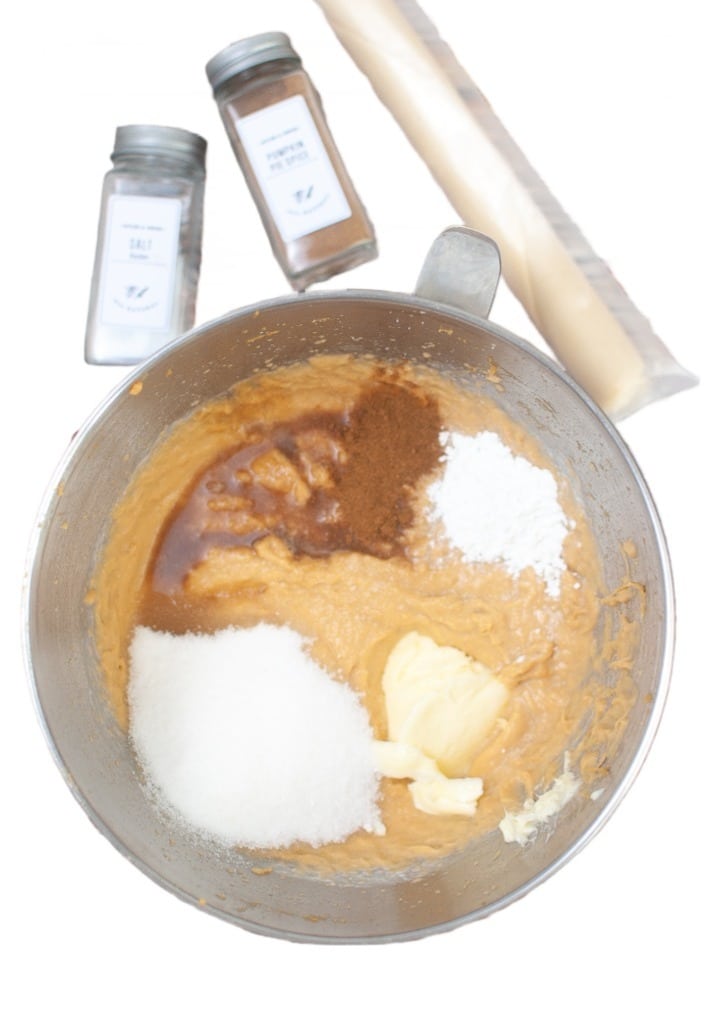 Dry ingredients mixed into the wet ingredients to make sugar free sweet potato pie. 