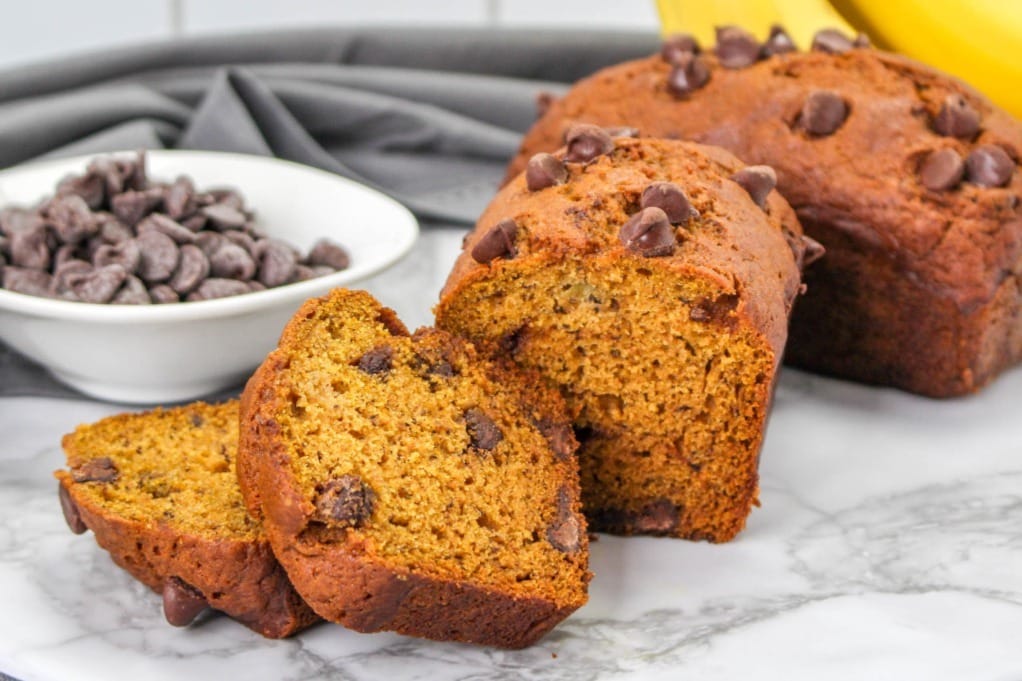 Sliced healthy pumpkin bread with sugar free chocolate chips.