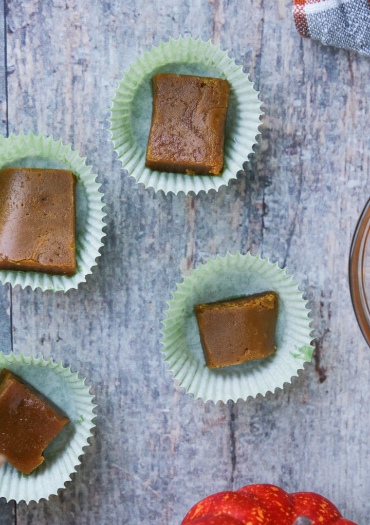 Fudge sliced and in small candy foils. 