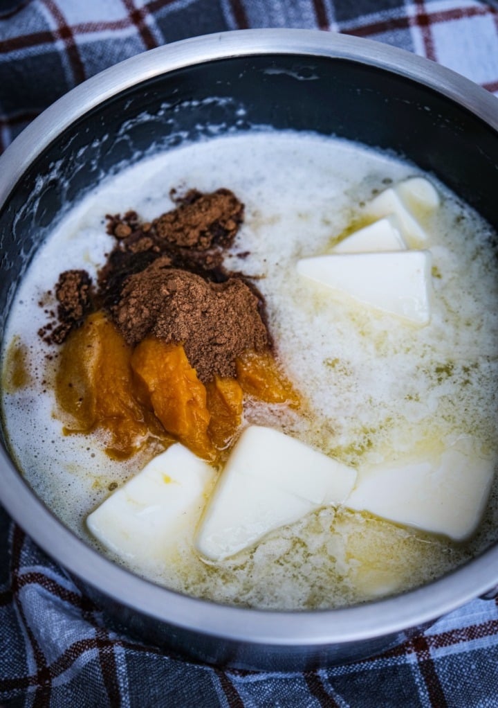 Ingredients in a saucepan to made fudge.