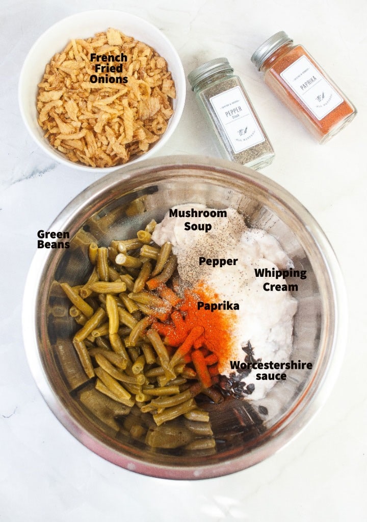 Ingredients used to make green been casserole in an air fryer.