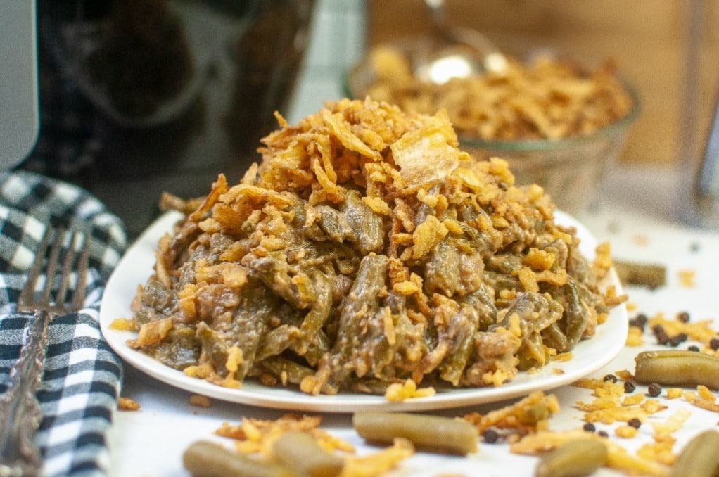 Green bean casserole on a serving dish ready to serve.