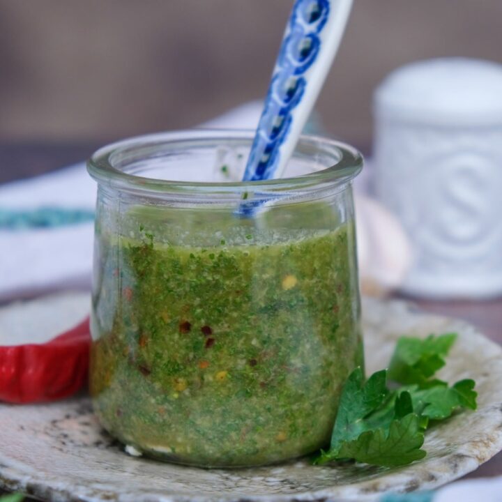 Easy spicy chimichurri sauce recipe made with Italian parsley.