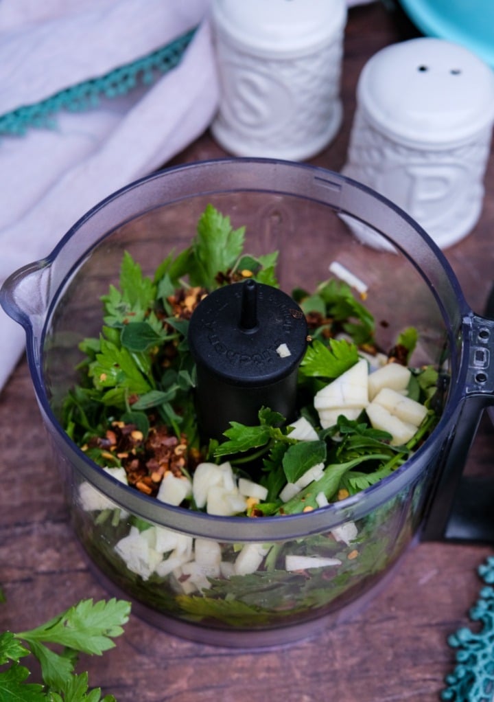 Italian parsley, garlic and red pepper in a small food processor. 