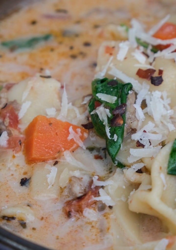 Close view of tortellini soup with carrots and spinach.