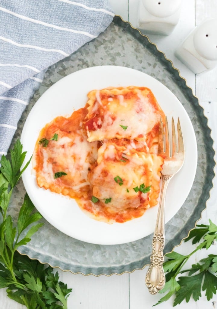 Top view of a dinner plate with pasta.