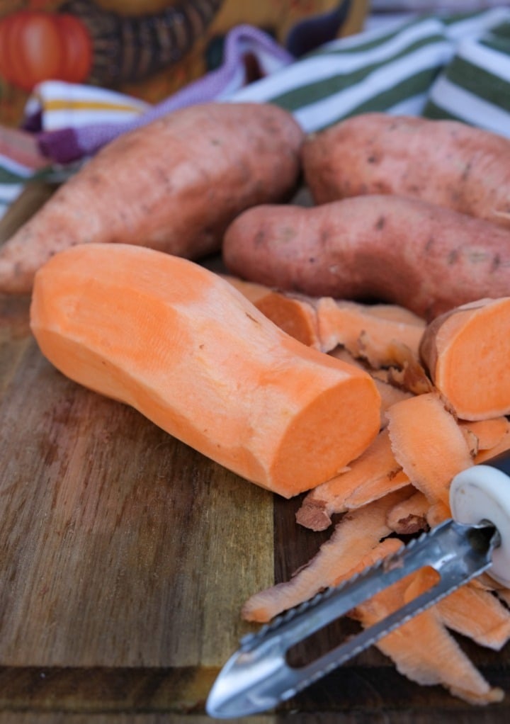 Peeled fresh sweet potatoes before dicing. 