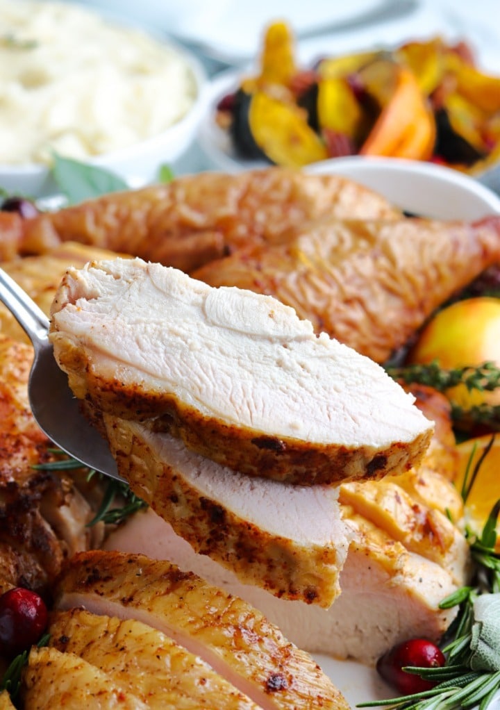 Sliced turkey breast from a whole turkey ready to place on a plate. 