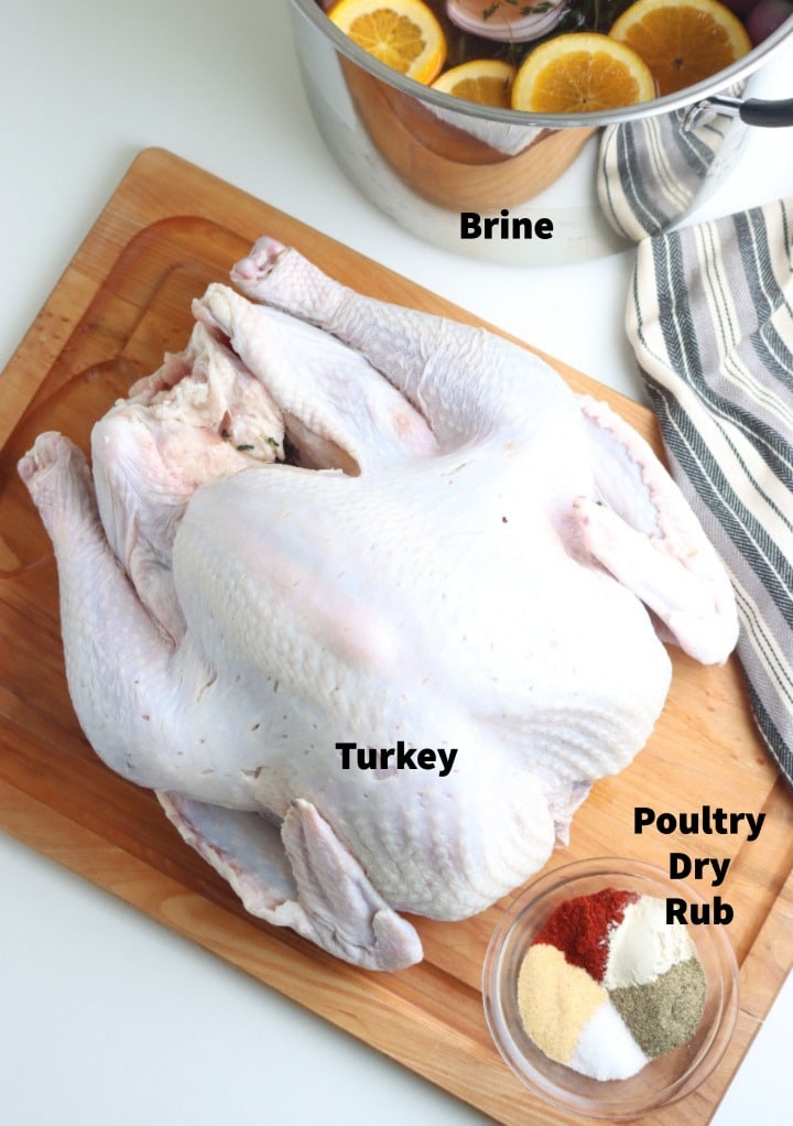 Ingredients to smoke a turkey in an electric pellet grill. 