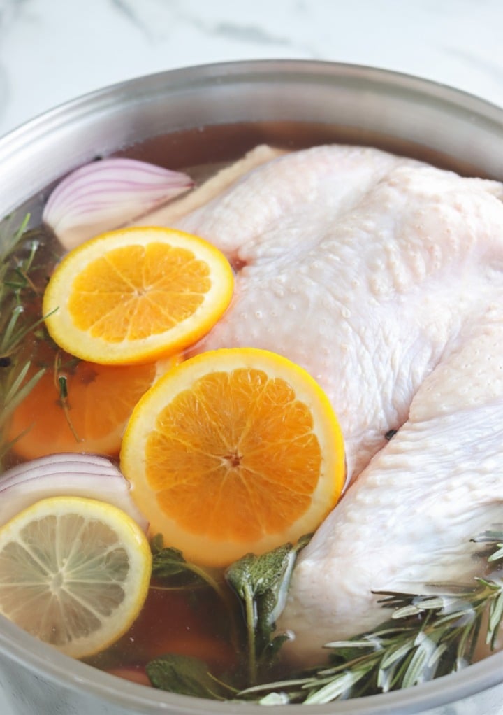Whole turkey in a salt water brine with fruit and herbs in a large stock pot. 