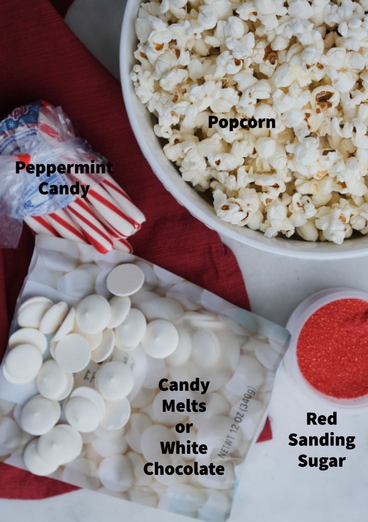 Ingredients to make homemade peppermint popcorn. 