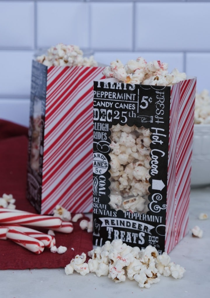 Peppermint popcorn treat bags with red sanding sugar in treat bags. 