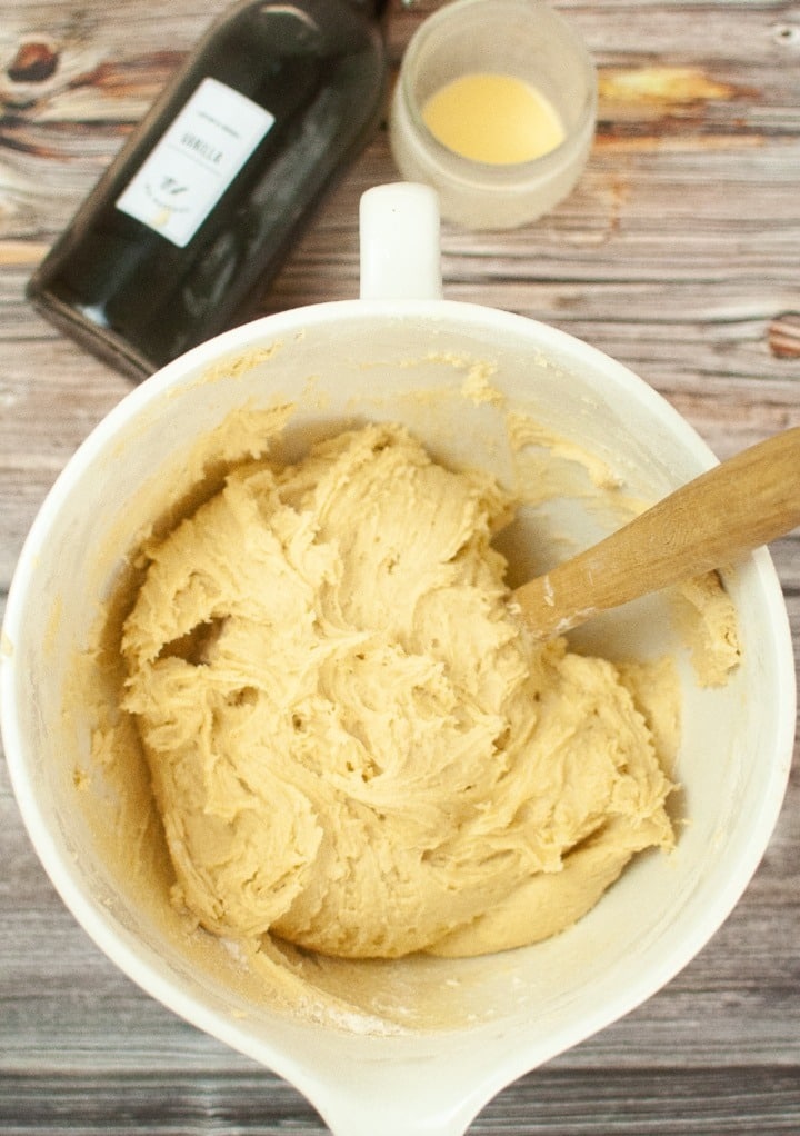 Eggnog cookie dough in a mixing bowl. 