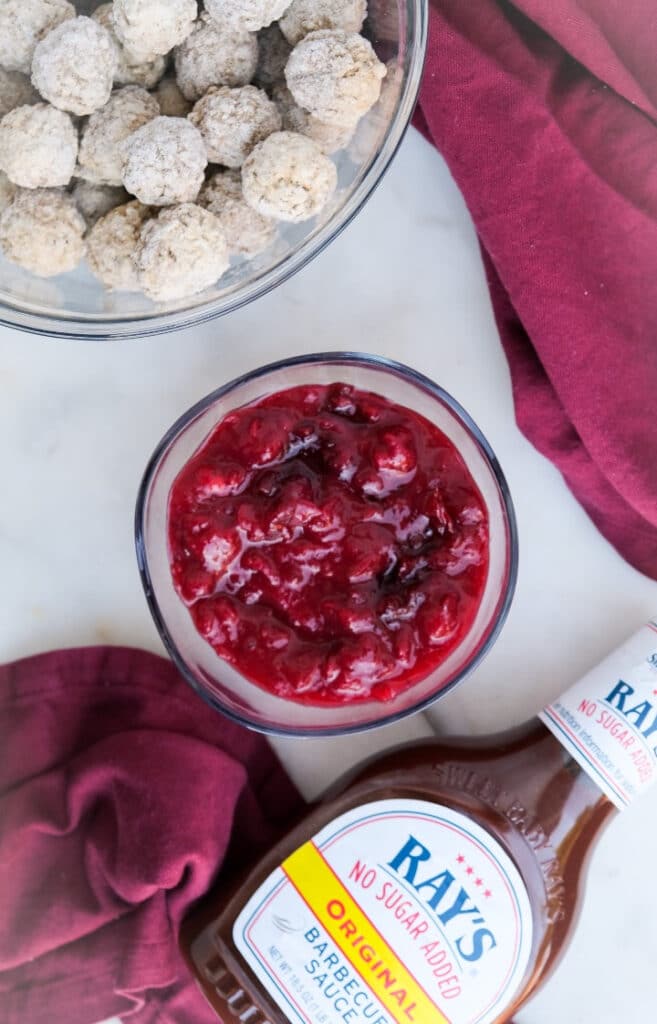 Ingredients to make a cranberry meatball appetizer. 