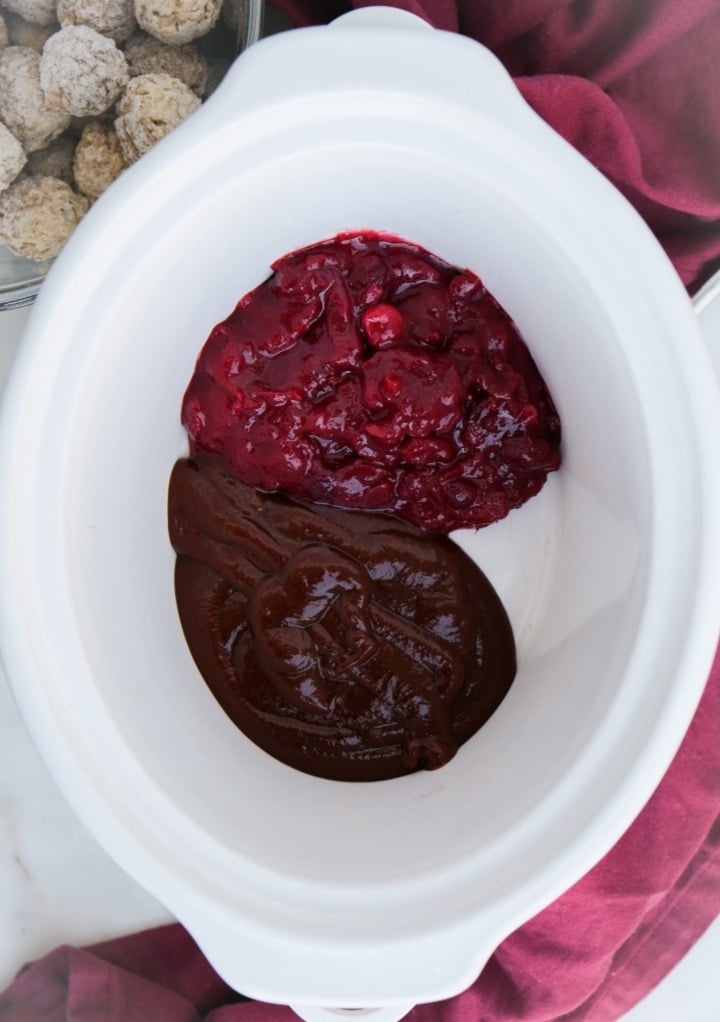 Cranberry sauce and bbq sauce on the bottom of the crock pot. 