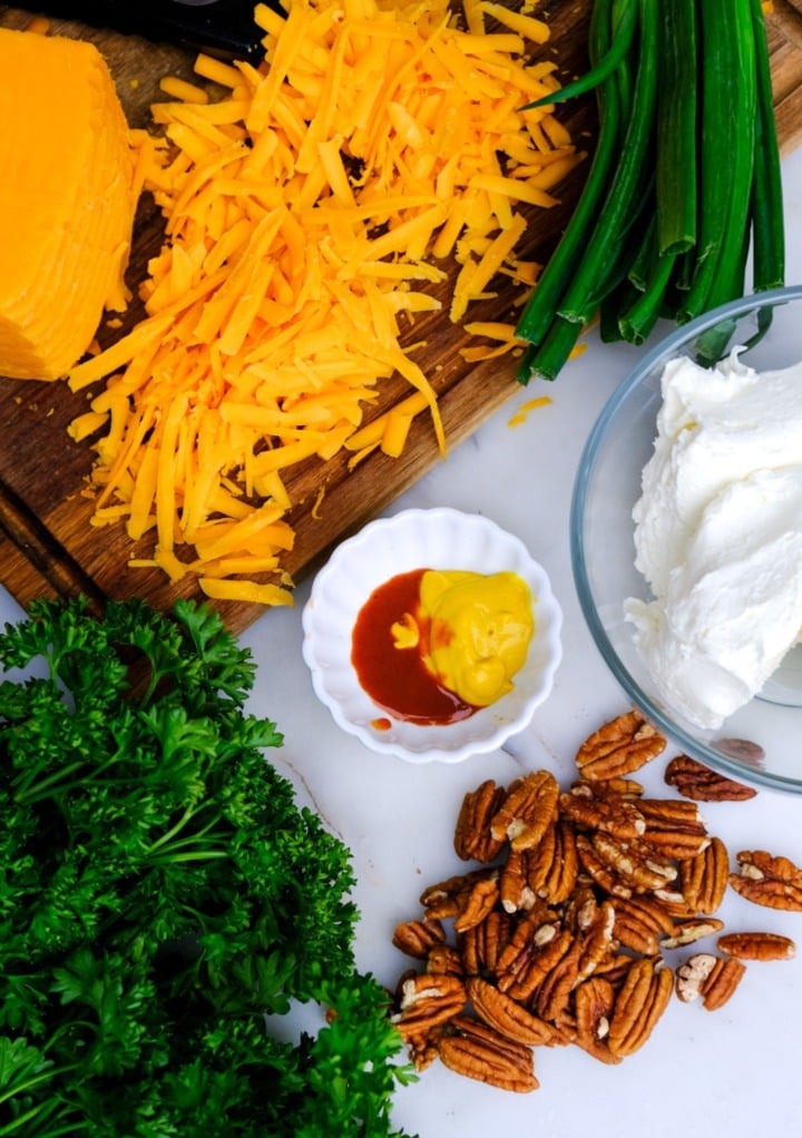 Overhead view of Ingredients to make low carb cheese ball.