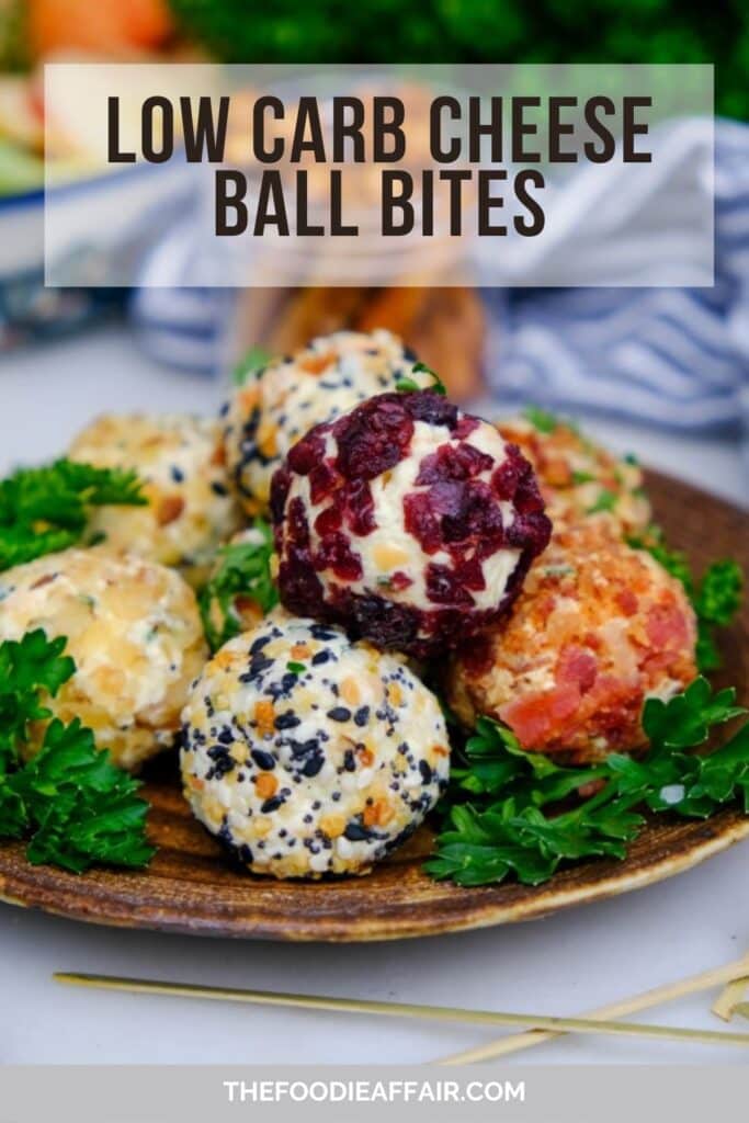 Low carb mini cheese ball bites coated in different toppings. #lowCarb #Appetizer #CheeseBall