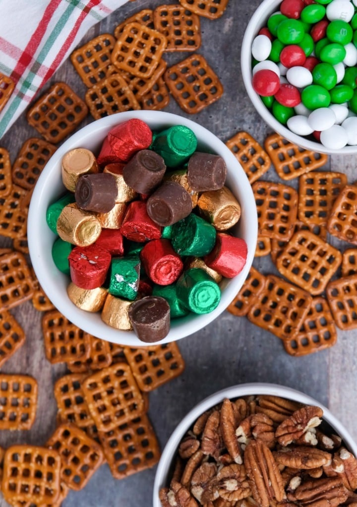 Ingredients to make rolo pretzel candies. 