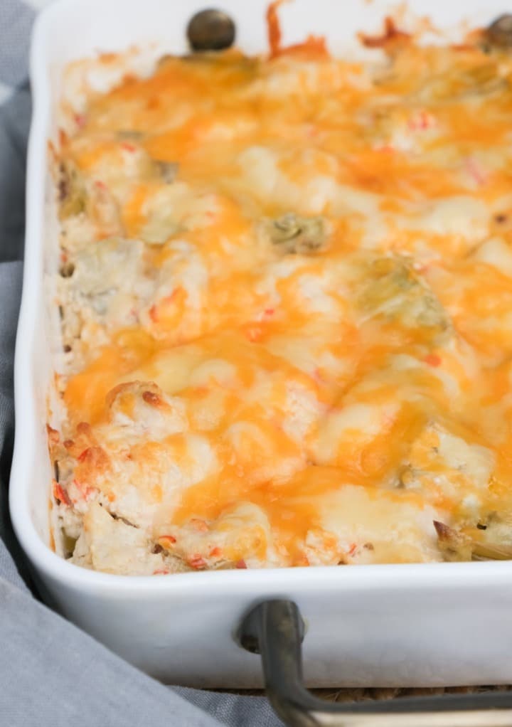 Keto chicken artichoke casserole just baked and out of the oven. 