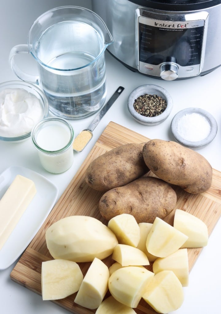 Top view of ingredients needed to make mashed potatoes. 