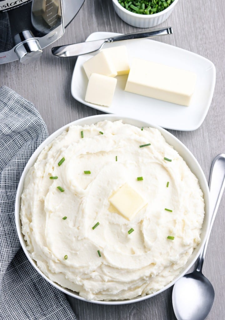 Overhead view of mashed potatoes made in an Instant Pot. 