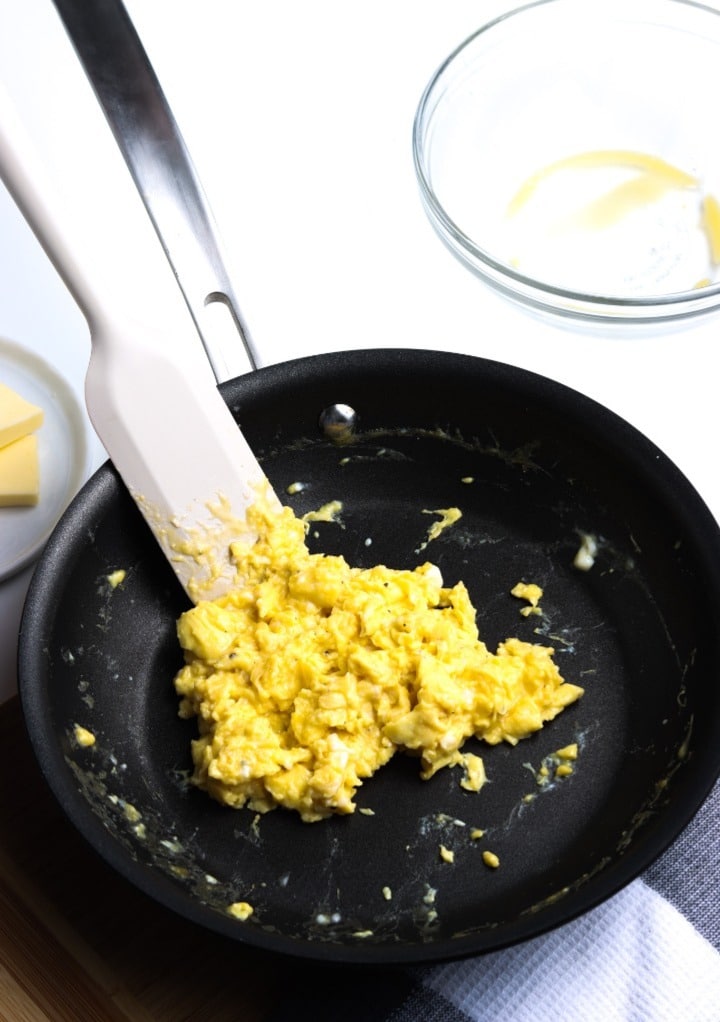 Cooked scrambled eggs in a non-stick skillet. 