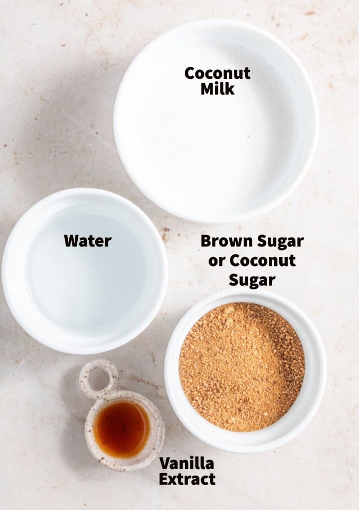 Ingredients needed to make vegan caramel sauce. 