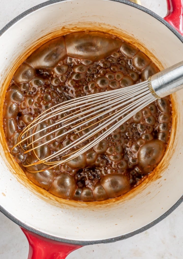 Cooking sugar with coconut milk and water in a small sauce pan. 