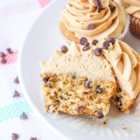 Chocolate chip cupcakes recipe from scratch on a white serving plate ready to eat.