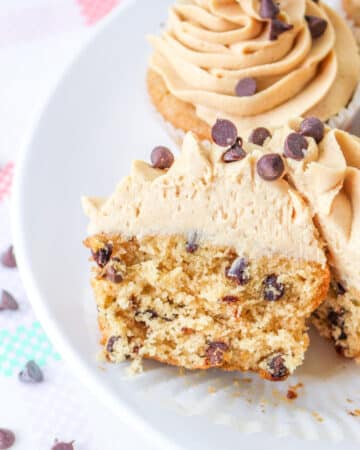 Chocolate chip cupcakes recipe from scratch on a white serving plate ready to eat.