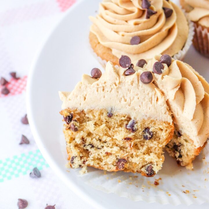 Chocolate chip cupcakes recipe from scratch on a white serving plate ready to eat.