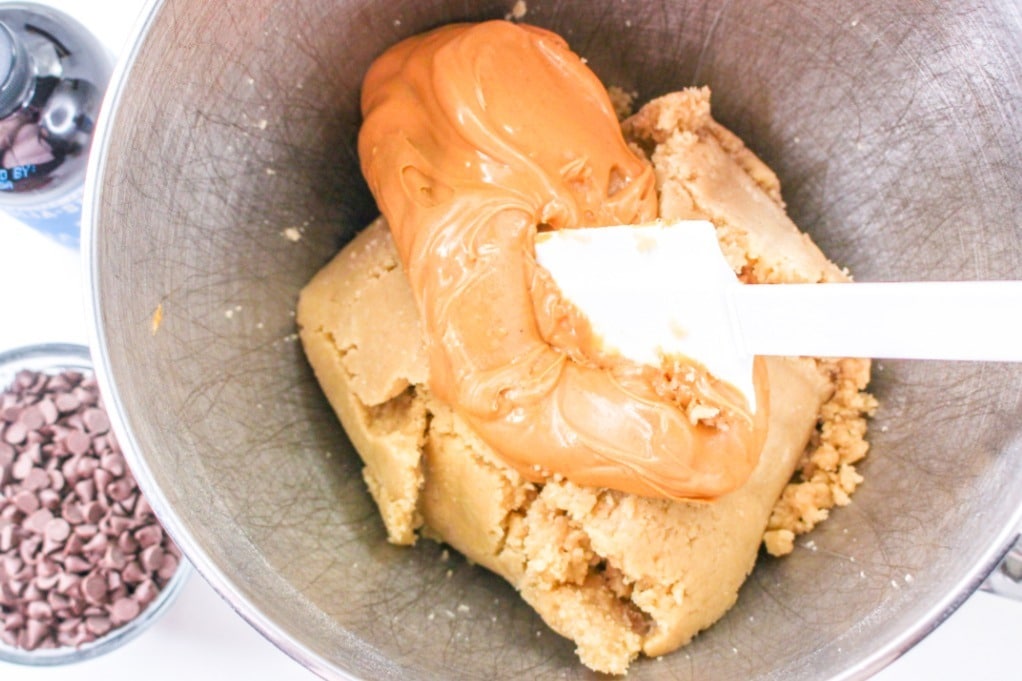 Peanut butter added to flour mix before adding additional ingredients. 