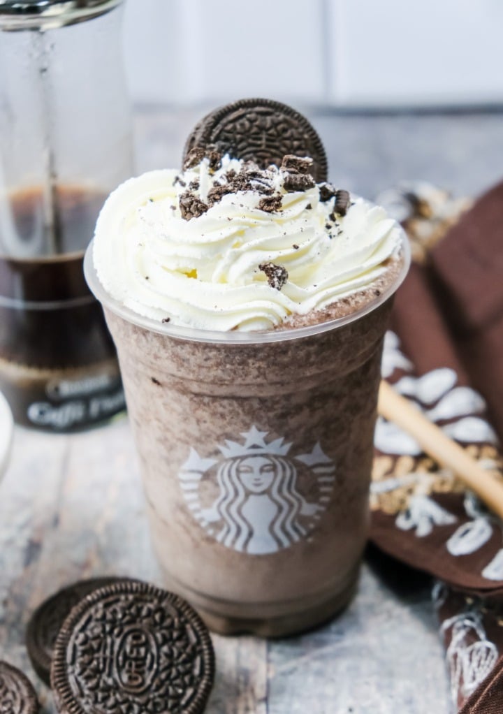 Copycat Starbucks mocha cookie crumble frappuccino topped with whipped cream