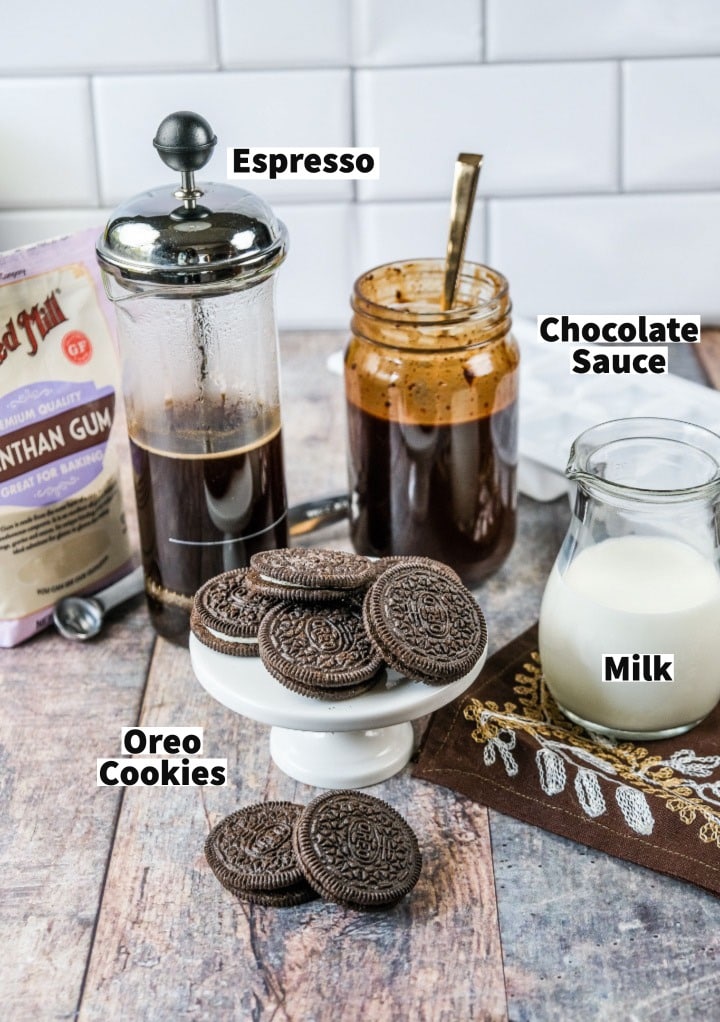 Ingredients to make a mocha cookie crumble frappuccino. 