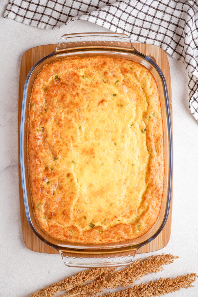 Baked egg breakfast casserole before cutting into slices. 