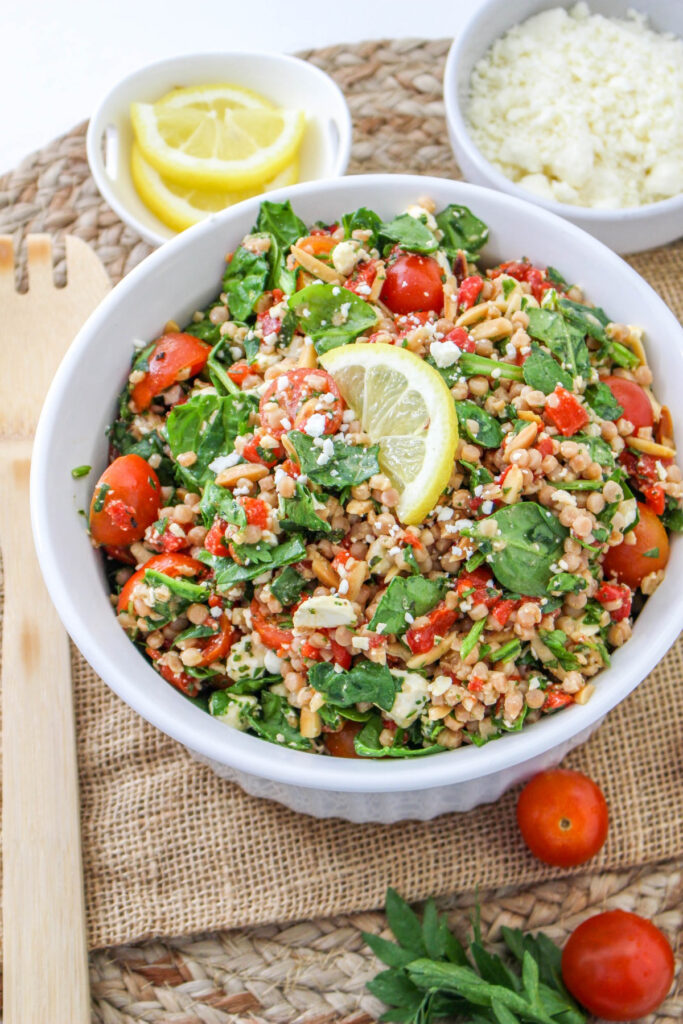 Top view of a Mediterranean salad with couscous. 