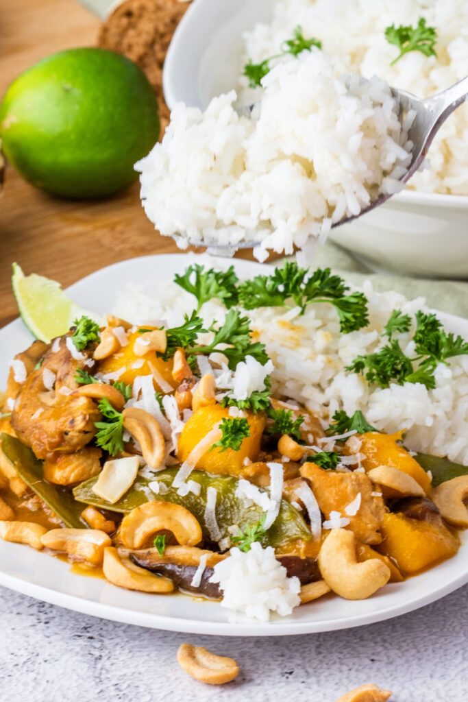 Copycat Cheesecake Factory Thai Coconut Lime Chicken recipe with sticky rice. 