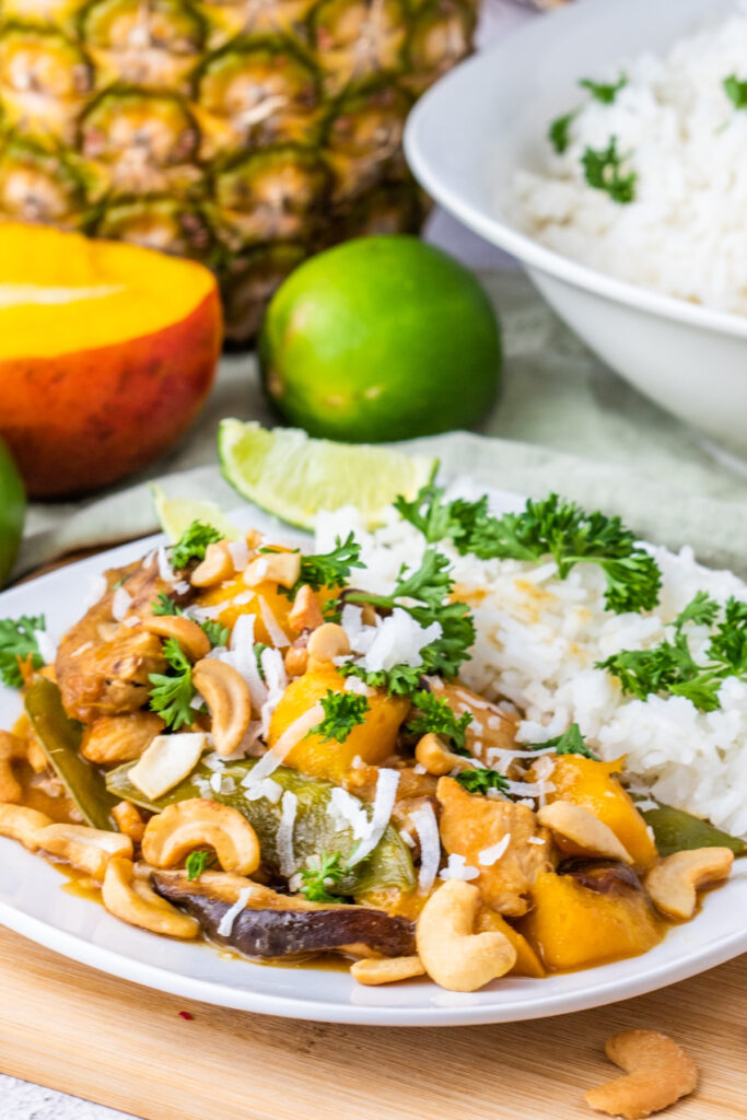 White dinner plate with Thai Coconut Lime Chicken with rice.