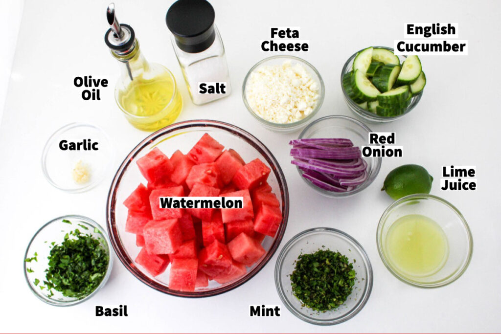 Ingredients to make a watermelon salad. 