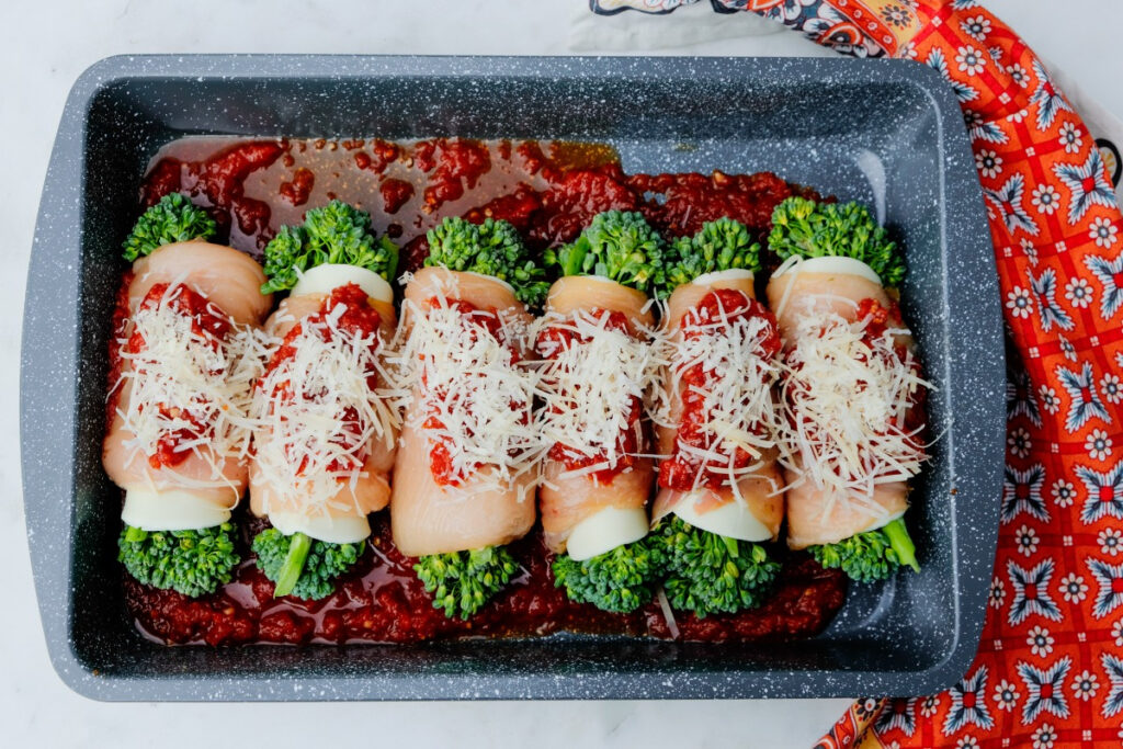 Chicken rotallini in a baking dish before cooking. 