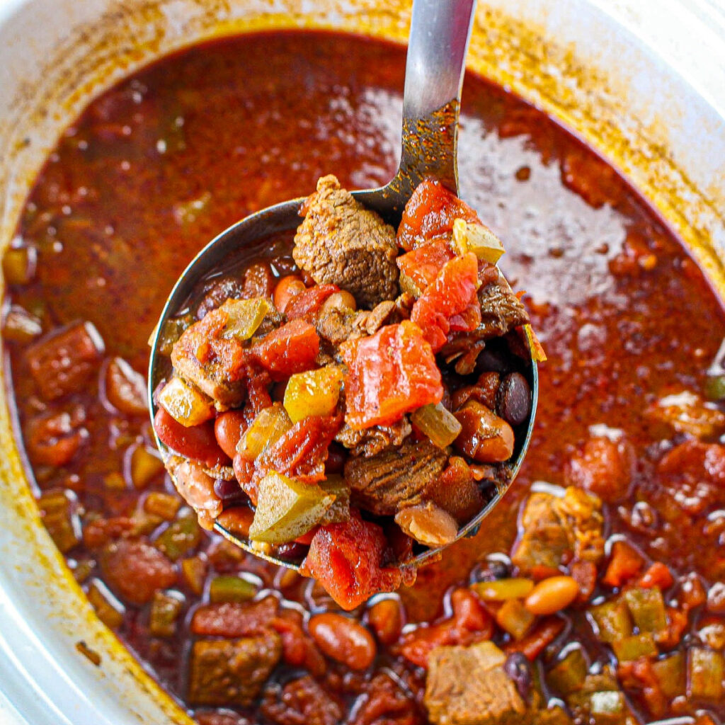 Brisket chili recipe made in a crock pot.