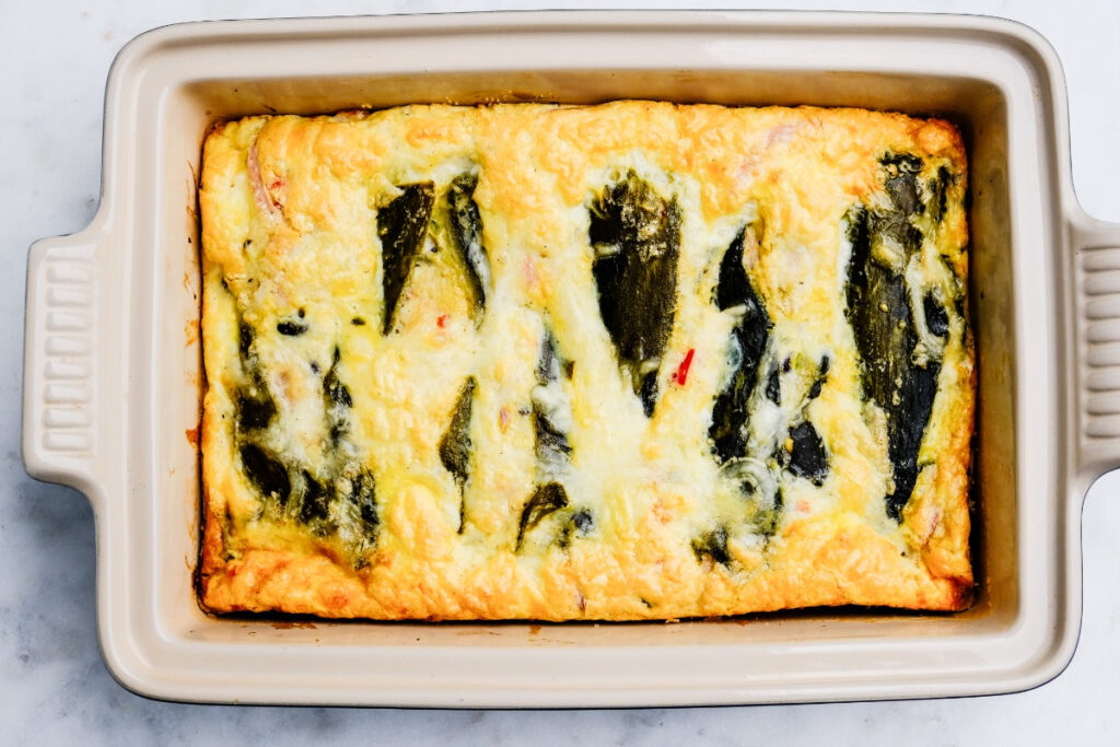 Baked chile relleno casserole dish.