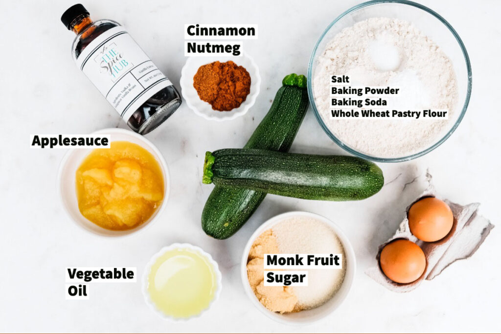 Ingredients to make low-sugar homemade zucchini bread. 