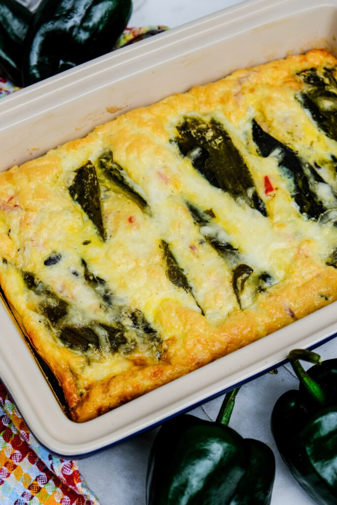 Overhead view of breakfast casserole dish before slicing into it. 