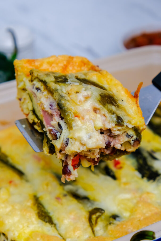 Slice of chile relleno casserole.