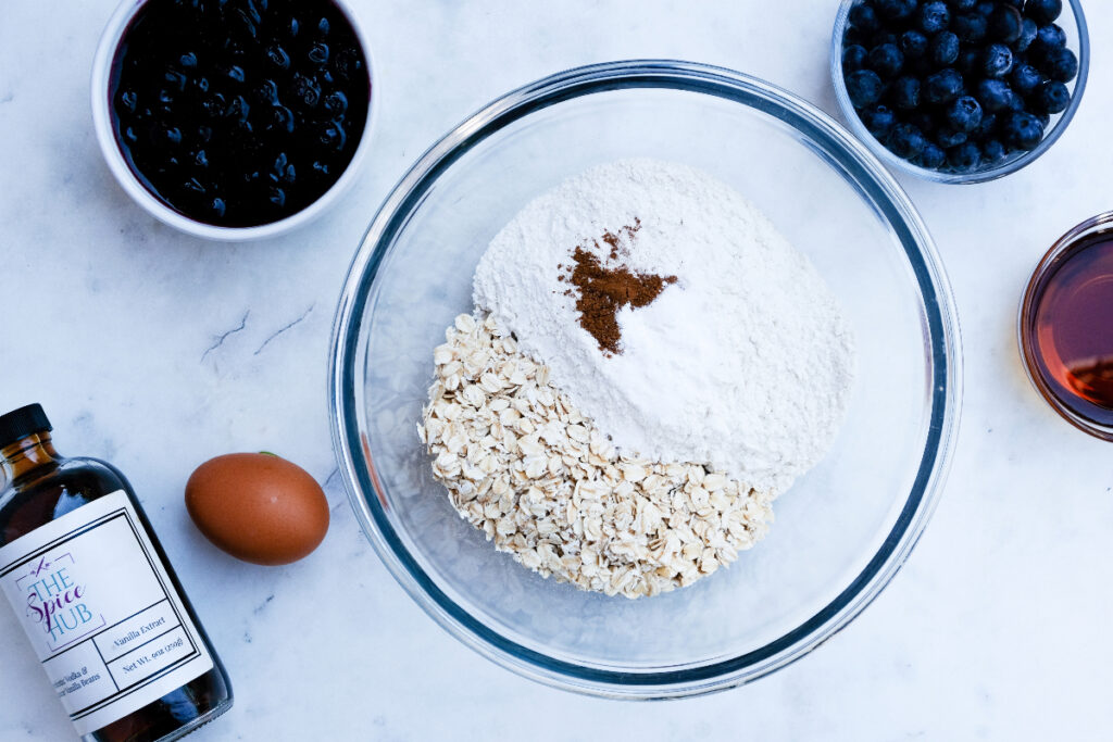 Dry ingredients in a mixing bowl. 