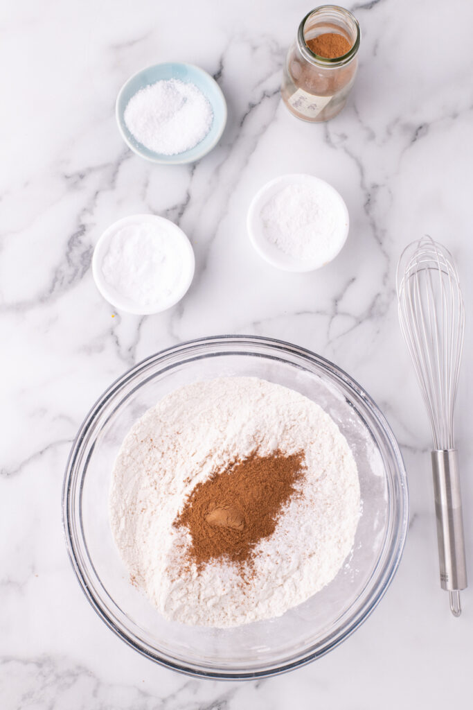 Dry ingredients in a mixing bowl to make a cake