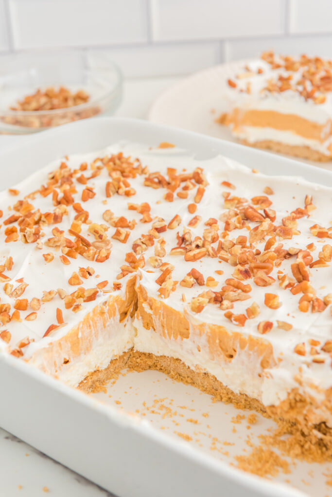 Layered dessert in a white baking dish.